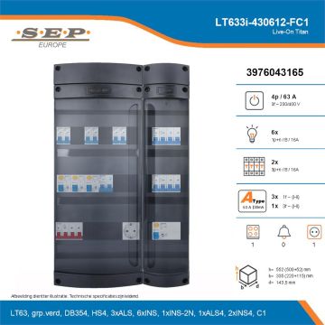 SEP Live-On Titan, LT633i-430612-FC1, 63A, 3-fase groepenkast, 6-lichtgroepen, 2-krachtgroepen, 1-fornuisgroep,  1V-contactdoos, technische details