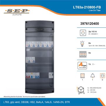 SEP Live-On Titan, LT63a-210800-FB, 63A, 3-fase groepenkast, 8-lichtgroepen, 1-fornuisgroep, 1-beltrafo, technische details