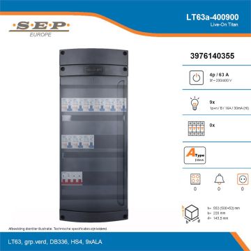 SEP Live-On Titan, LT63a-400900, 63A, 3-fase groepenkast, 9-lichtgroepen, technische details