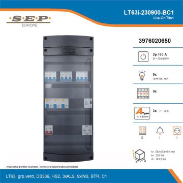 SEP Live-On Titan, LT63i-230900-BC1, 63A, 3-fase groepenkast, 9-lichtgroepen, 1-beltrafo,  1V-contactdoos, technische details