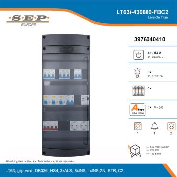 SEP Live-On Titan, LT63i-430800-FBC2, 63A, 3-fase groepenkast, 8-lichtgroepen, 1-fornuisgroep, 1-beltrafo,  2V-contactdoos, technische details