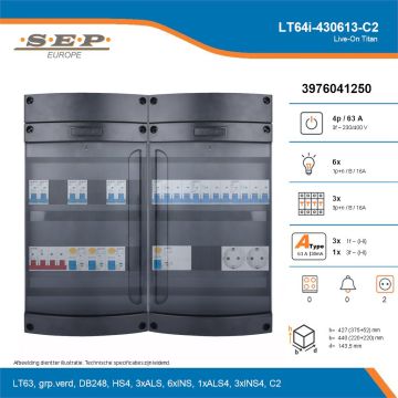 SEP Live-On Titan, LT64i-430613-C2, 63A, 3-fase groepenkast, 6-lichtgroepen, 3-krachtgroepen,  2V-contactdoos, technische details