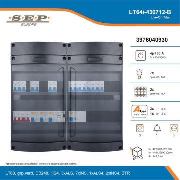 SEP Live-On Titan, LT64i-430712-B, 63A, 3-fase groepenkast, 7-lichtgroepen, 2-krachtgroepen, 1-beltrafo, technische details