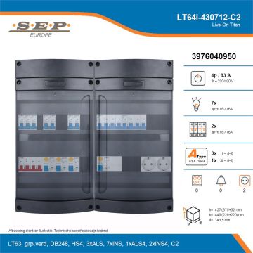 SEP Live-On Titan, LT64i-430712-C2, 63A, 3-fase groepenkast, 7-lichtgroepen, 2-krachtgroepen,  2V-contactdoos, technische details