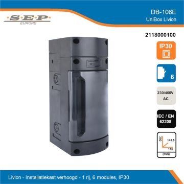SEP Livion DB-106E verhoogde groepenkast met transparante deur en technische gegevens