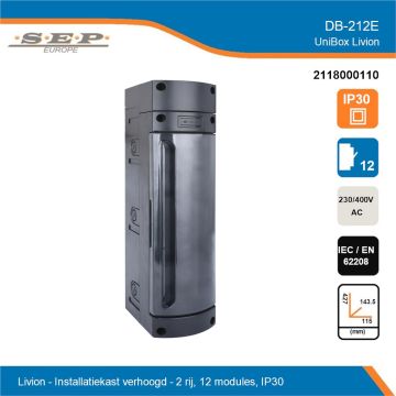 SEP Livion DB-212E verhoogde groepenkast met transparante deur en technische gegevens