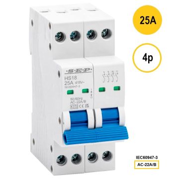 SEP HS18-425, schakelaar, scheider, 4 polig 25A, 36mm, 2 modulen, compact