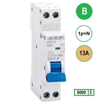 SEP INS18-B13, installatieautomaat 1p+n B13 6kA, 18mm, 1 modulen