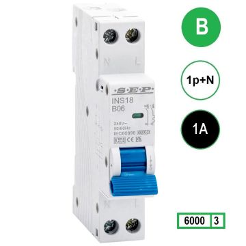 SEP INS18-B01, installatieautomaat 1p+n B1 6kA, 18mm, 1 modulen