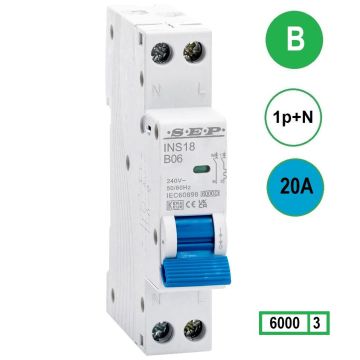 SEP INS18-B20, installatieautomaat 1p+n B20 6kA, 18mm, 1 modulen