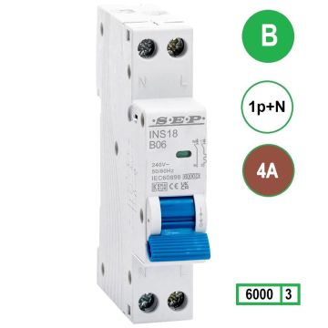 SEP INS18-B04, installatieautomaat 1p+n B4 6kA, 18mm, 1 modulen