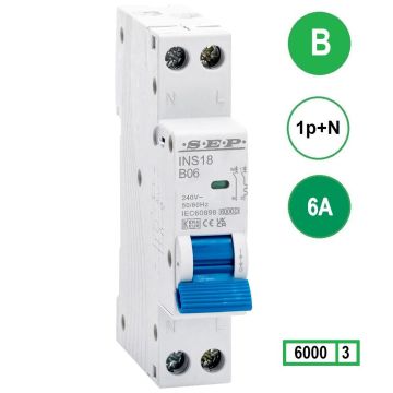 SEP INS18-B06, installatieautomaat 1p+n B6 6kA, 18mm, 1 modulen