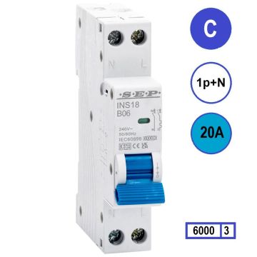SEP INS18-C20, installatieautomaat 1p+n C20 6kA, 18mm, 1 modulen