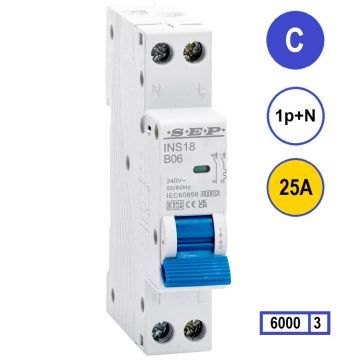 SEP INS18-C25, installatieautomaat 1p+n C25 6kA, 18mm, 1 modulen