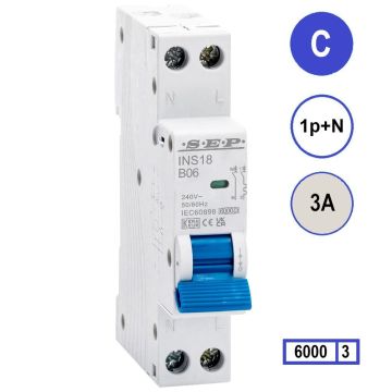 SEP INS18-C03, installatieautomaat 1p+n C3 6kA, 18mm, 1 modulen