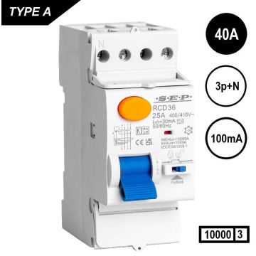 SEP RCD36 - aardlekschakelaar 4p 40A 100mA, 36mm, 2 modulen