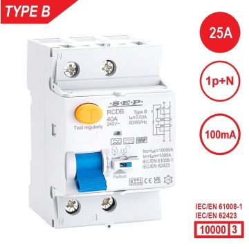 SEP RCDB - Aardlekschakelaar 1p+n, type B, 25A, 100mA, 54mm, 3 modulen