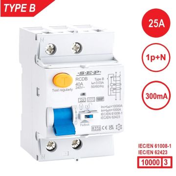 SEP RCDB - Aardlekschakelaar 1p+n, type B, 25A, 300mA, 54mm, 3 modulen