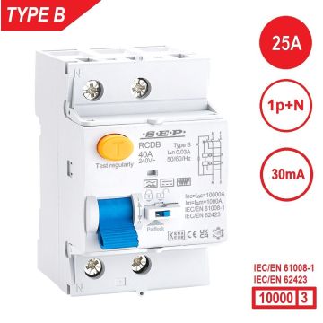 SEP RCDB - Aardlekschakelaar 1p+n, type B, 25A, 30mA, 54mm, 3 modulen