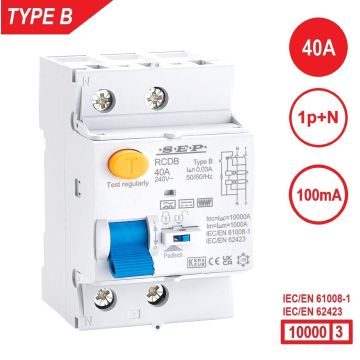 SEP RCDB - Aardlekschakelaar 1p+n, type B,40A, 100mA, 54mm, 3 modulen