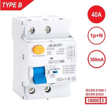 SEP RCDB - Aardlekschakelaar 1p+n, type B, 40A, 300mA, 54mm, 3 modulen