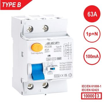 SEP RCDB - Aardlekschakelaar 1p+n, type B, 63A, 100mA, 54mm, 3 modulen