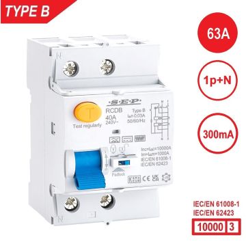 SEP RCDB - Aardlekschakelaar 1p+n, type B, 63A, 300mA, 54mm, 3 modulen