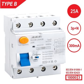 SEP RCDB - Aardlekschakelaar 3p+n, type B, 25A, 300mA, 72mm, 4 modulen