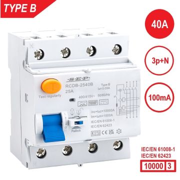 SEP RCDB - Aardlekschakelaar 3p+n, type B, 40A, 100mA, 72mm, 4 modulen