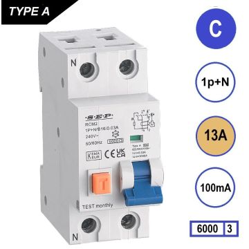 SEP RCM2 Aardlekautom. 1p+n C13 100mA 6kA