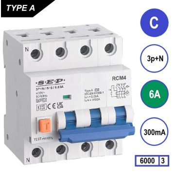 SEP RCM4 Aardlekautom. 3p+n C6 300mA 6kA