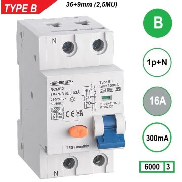 Schotman Elektro B.V. - SEP RCMB type B aardlekautomaat, 1p+n, B, 16A, 300mA, 6kA