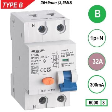 Schotman Elektro B.V. - SEP RCMB type B aardlekautomaat, 1p+n, B, 32A, 300mA, 6kA