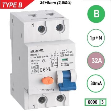 Schotman Elektro B.V. - SEP RCMB type B aardlekautomaat, 1p+n, B, 32A, 6kA