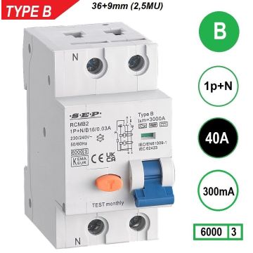 Schotman Elektro B.V. - SEP RCMB type B aardlekautomaat, 1p+n, B, 40A, 300mA, 6kA