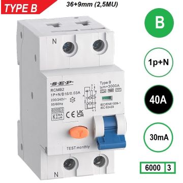 Schotman Elektro B.V. - SEP RCMB type B aardlekautomaat, 1p+n, B, 40A, 6kA