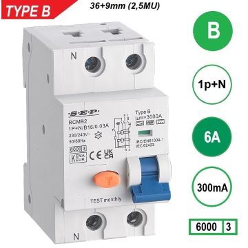Schotman Elektro B.V. - SEP RCMB type B aardlekautomaat, 1p+n, B, 6A, 300mA, 6kA