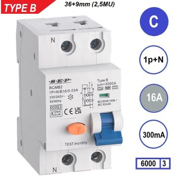 Schotman Elektro B.V. - SEP RCMB type B aardlekautomaat, 1p+n, C, 16A, 300mA, 6kA