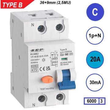 Schotman Elektro B.V. - SEP RCMB type B aardlekautomaat, 1p+n, C, 20A, 30mA, 6kA