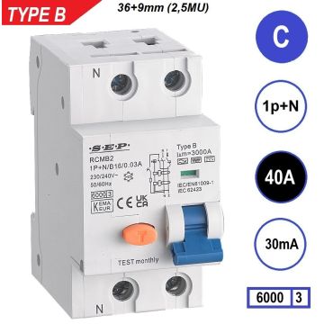 Schotman Elektro B.V. - SEP RCMB type B aardlekautomaat, 1p+n, C, 40A, 30mA, 6kA