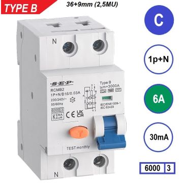 Schotman Elektro B.V. - SEP RCMB type B aardlekautomaat, 1p+n, C, 6A, 30mA, 6kA