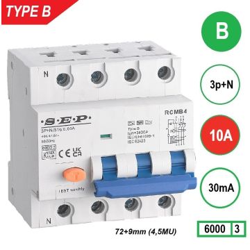 Schotman Elektro B.V. - SEP RCMB type B aardlekautomaat, 3p+n, B, 10A, 30mA, 6kA