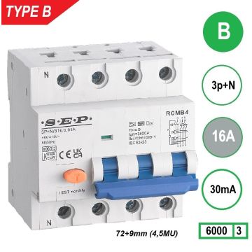 Schotman Elektro B.V. - SEP RCMB type B aardlekautomaat, 3p+n, B, 16A, 30mA, 6kASchotman Elektro B.V. - SEP RCMB type B aardlekautomaat, 3p+n, B, 16A, 30mA, 6kA