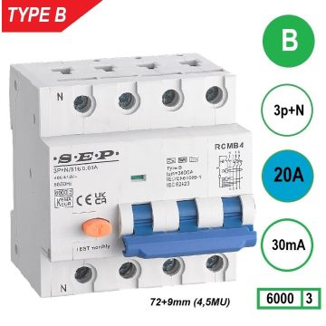 Schotman Elektro B.V. - SEP RCMB type B aardlekautomaat, 3p+n, B, 20A, 30mA, 6kA