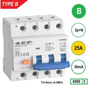 Schotman Elektro B.V. - SEP RCMB type B aardlekautomaat, 3p+n, B, 25A, 30mA, 6kA