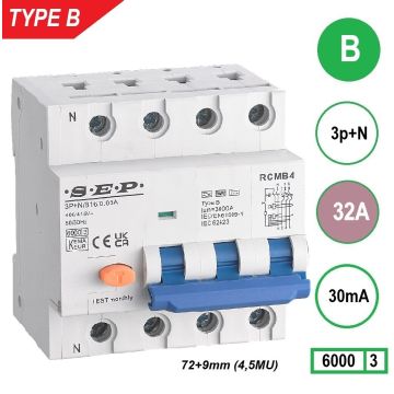 Schotman Elektro B.V. - SEP RCMB type B aardlekautomaat, 3p+n, B, 32A, 30mA, 6kA