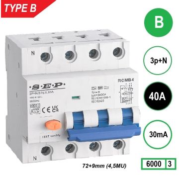 Schotman Elektro B.V. - SEP RCMB type B aardlekautomaat, 3p+n, B, 40A, 30mA, 6kA