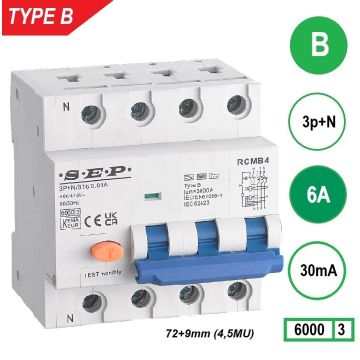 Schotman Elektro B.V. - SEP RCMB type B aardlekautomaat, 3p+n, B, 6A, 30mA, 6kA