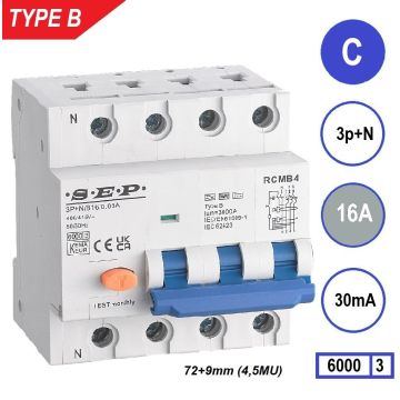 Schotman Elektro B.V. - SEP RCMB type B aardlekautomaat, 3p+n, C, 16A, 30mA, 6kA
