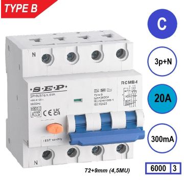 Schotman Elektro B.V. - SEP RCMB type B aardlekautomaat, 3p+n, C, 20A, 300mA, 6kA
